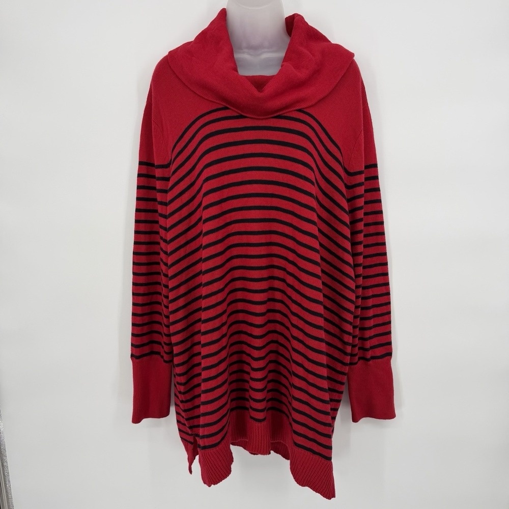 Lauren Ralph Lauren Sz 3X Red Black Striped Wool‎ Blend Cowl Neck Tunic Sweater - Picture 2 of 8